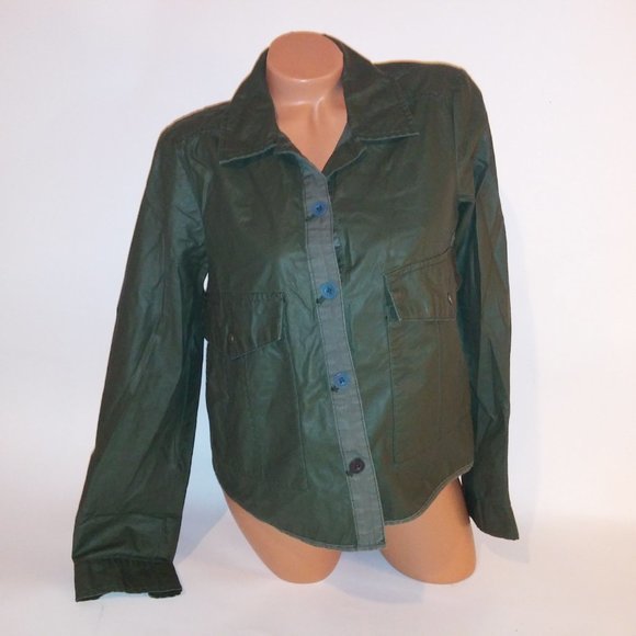 Hei Hei Anthropologie Jacket Small Green Wax Coated Collared Solid Button Long S - Picture 4 of 12